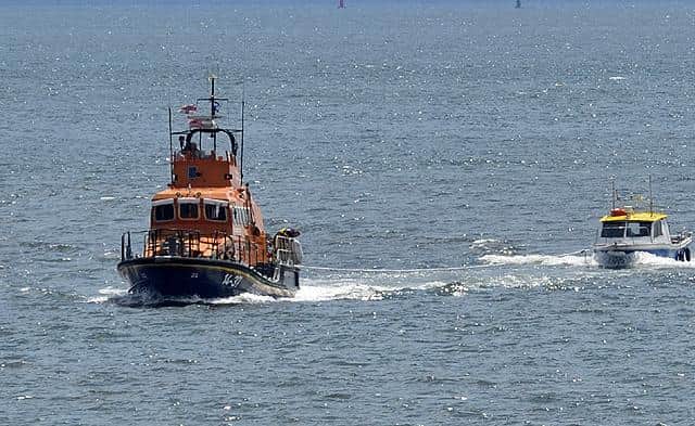 Hartlepool RNLI all weather lifeboat 'Betty Huntbatch' pictured towing the fishing boat into Hartlepool.
Photo by RNLI/Tom Collins.