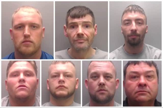 The gang members jailed for 94 years. Clockwise from top left: James Stephenson, Wayne Griffin, Jonathan Miller, Paul Frain, Graeme Oliver, Shane Leigh, and Connor Ellison.