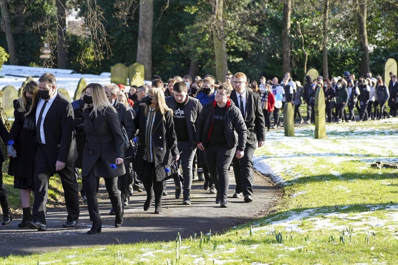 Under Covid rules, only 30 mourners could attend yesterday's church service in Swinton but dozens more turned up to pay their respects outside.