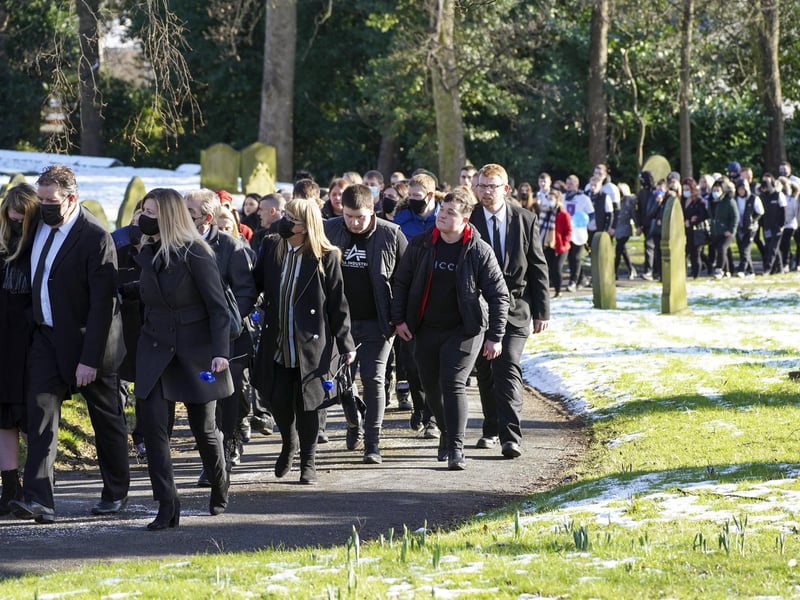 Under Covid rules, only 30 mourners could attend yesterday's church service in Swinton but dozens more turned up to pay their respects outside.