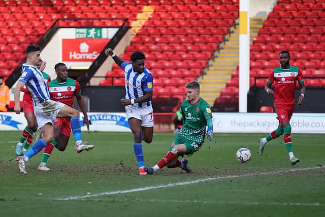 Omar Bogle got Hartlepool United back into the game minutes before a costly mistake allowed Walsall to extend the lead. (Credit: James Holyoak | MI News)