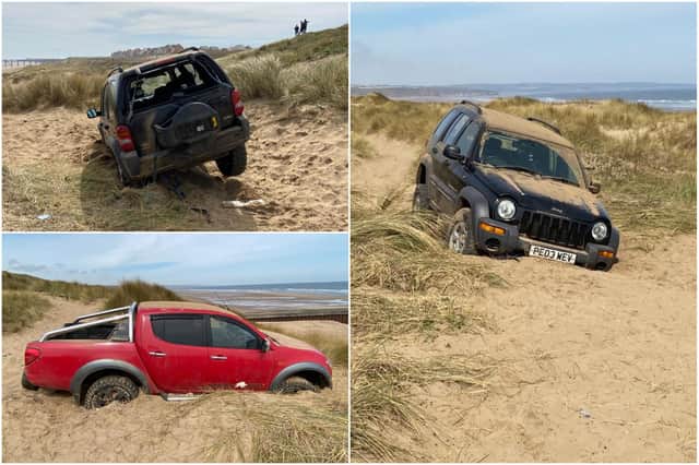Pictures show the two cars which have become trapped on the beach