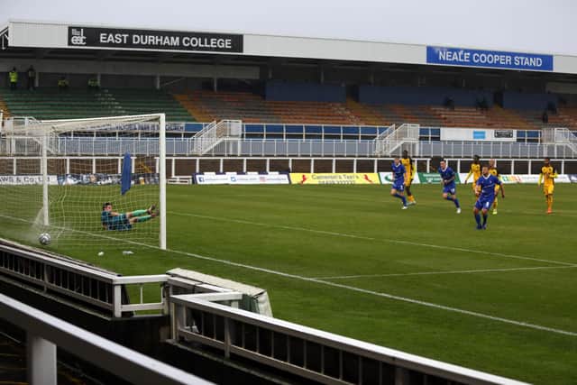 Nicky Featherstone of Hartlepool United puts his team 1-0 up from the penalty spot during the Vanarama National League match between Hartlepool United and Aldershot Town at Victoria Park, Hartlepool on Saturday 3rd October 2020. (Credit: Christopher Booth | MI News)
©MI NewsL