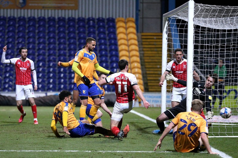 Jamie Reid squeezes in Stags' second goal in the fine win over title-chasing Cheltenham.