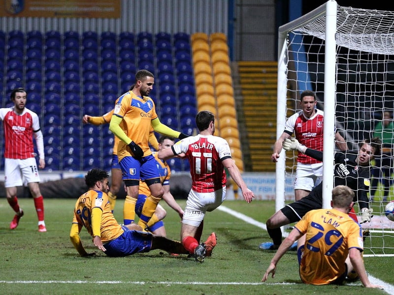 Jamie Reid squeezes in Stags' second goal in the fine win over title-chasing Cheltenham.