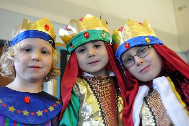 Albert Brown, Joshua Lyons and Coben Falkingham dress up as the three kings in the school's 2014 nativity play.