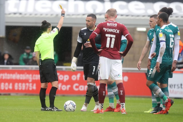 Dean Bouzanis is shown a yellow card by referee Rebecca Welch. It was one of 62 bookings and three reds for the Londoners.