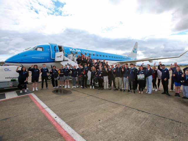 Students taking part in the Tall Ships Races 2023 embark on a flight to Amsterdam from Teesside Airport.