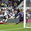 Derby County's Max Bird sees his shot saved by Middlesbrough goalkeeper Joe Lumley during the Sky Bet Championship match at Pride Park, Derby. PA picture.