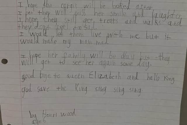 Six-year-old Henri Wood's poem titled, The Queen, in memory of Her Majesty Queen Elizabeth II.