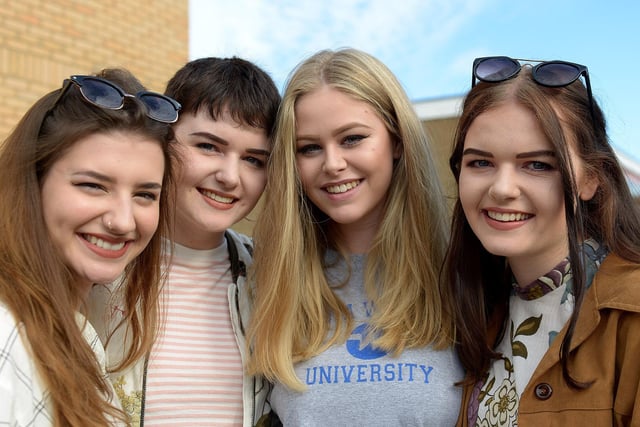 Kim Foreman, Olivia Ward, Imogen Joy and Emily Ward from English Martyrs School and Sixth Form College with their A Level results 6 years ago.
