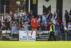 Goalkeeper Ben Killip celebrates Niko Muir's winning goal at Maidenhead last season. (Credit: Ian Randall | MI News)