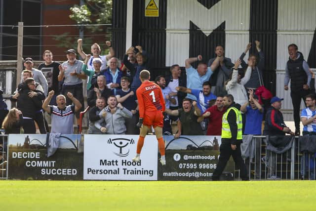 Goalkeeper Ben Killip celebrates Niko Muir's winning goal at Maidenhead last season. (Credit: Ian Randall | MI News)