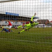 Hartlepool United's Danny Elliot heads their second goal  during the Vanarama National League match between Hartlepool United and Maidenhead United at Victoria Park, Hartlepool on Saturday 8th May 2021. (Credit: Mark Fletcher | MI News)