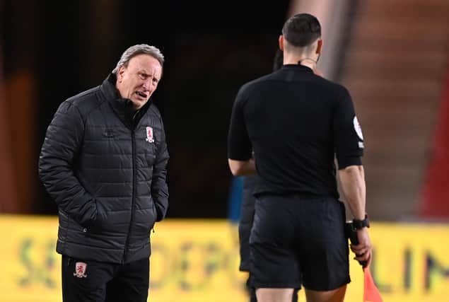 Boro manager Neil Warnock reacts towards the assistant referee during the Sky Bet Championship match between Middlesbrough and Huddersfield Town at Riverside Stadium on February 16, 2021.