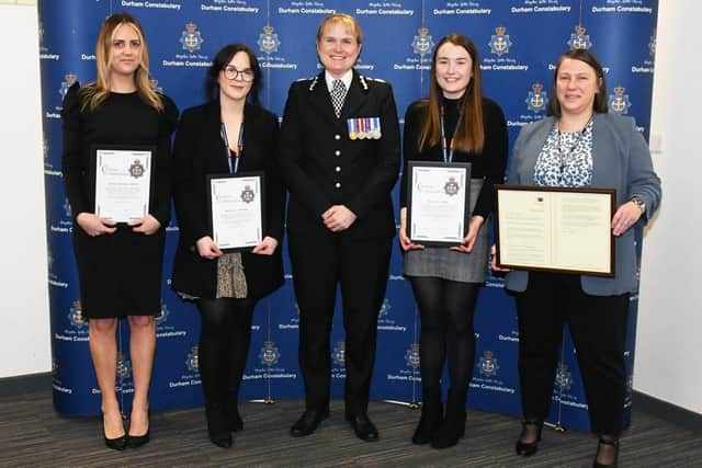 From left to right: Detective Constable Anna Carter, Sarah Greaves, Chief Constable Rachel Bacon, Fiona Bird and Detective Constable Helen Tindale.