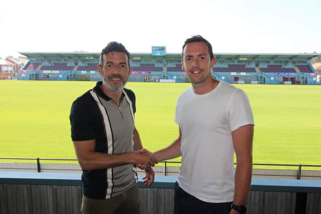 Former Hartlepool United, Sunderland and Gateshead defender Blair Adams (right) extends his stay with South Shields under new manager Julio Arca (left). South Shields FC / Kev Wilson