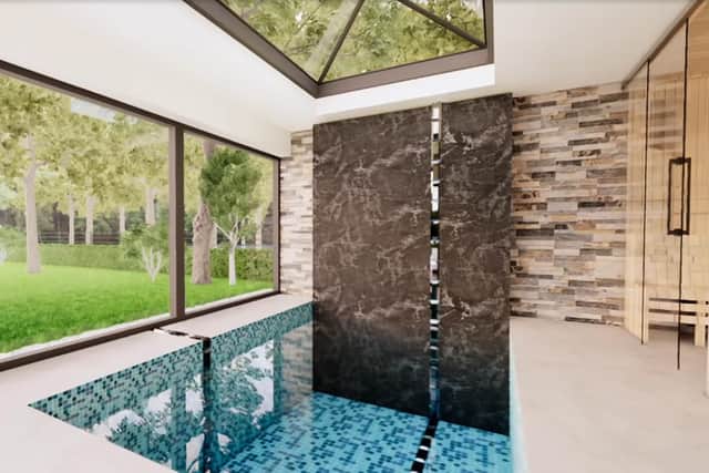 The home boasts a swimming pool.