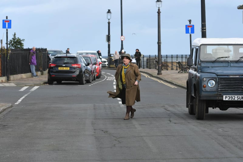 Brenda Blethyn braves the cold wind along Albion Terrace as she films for Vera in 2020.