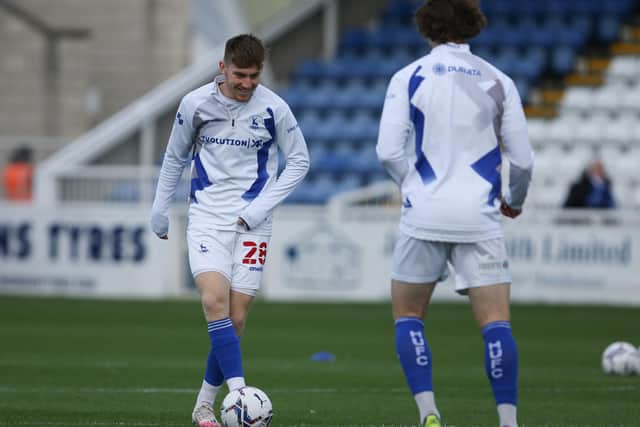 Matty Daly of Hartlepool United warms up during the FA Cup match between Hartlepool United and Wycombe Wanderers at Victoria Park, Hartlepool on Saturday 6th November 2021. (Credit: Will Matthews | MI News)