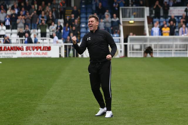 Hartlepool United manager Dave Challinor celebrates after the Sky Bet League 2 match between Hartlepool United and Northampton Town at Victoria Park, Hartlepool on Saturday 9th October 2021. (Credit: Mark Fletcher | MI News)