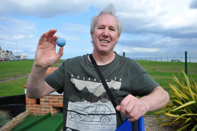 Bryon Wright poses with his ball after a Hole In One at Lofty's Crazy Golf, Seaton Carew.