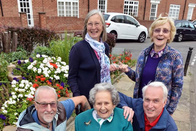 Dorothy celebrating Greatham's success in Northumbria in Bloom in 2018 with fellow members Peter Dixon, Hazel Campbell, Ann Murray and Brian Walker. Picture by FRANK REID