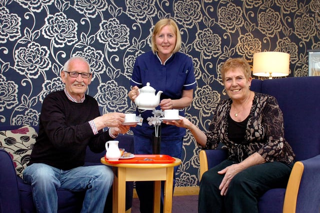 Hartlepool and District Hospice nursing sister Denise Shepherd pours a cup of tea for golden wedding anniversary couple Brian and Sylvia Blackwood, who raised £650 for the Hospice in 2012.