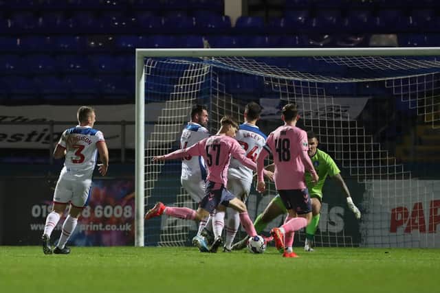 Everton's Charlie Whitaker scores their sixth goal during the EFL Trophy match between Hartlepool United and Everton Under 21s. (Credit: Mark Fletcher | MI News)