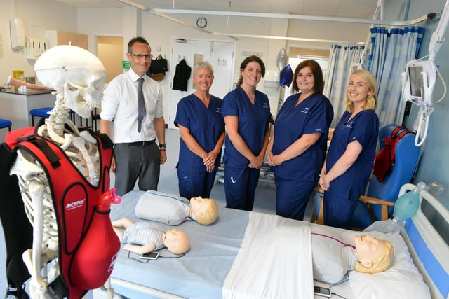 State of the art training facility at the University Hospital of Hartlepool opens in 2023, featuring, from left, Gary Wright, Karen Hampshire, Claire Palmer, Lisa Blom and Laura Dring.