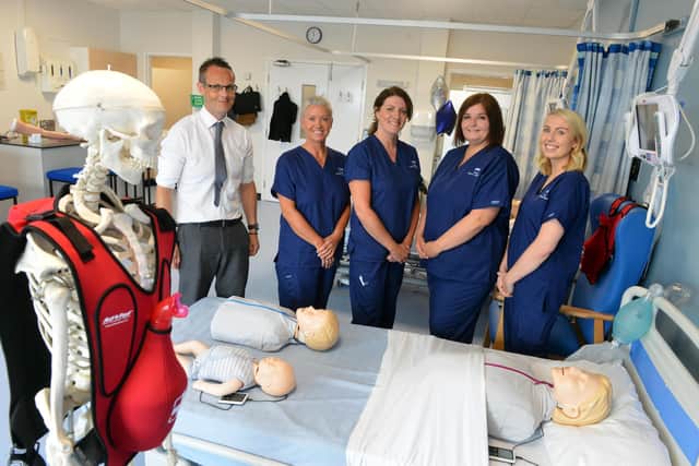 State of the art training facility at the University Hospital of Hartlepool is opened by staff, from left, Gary Wright, deputy chief people officer, with clinical educators Karen Hampshire, Claire Palmer, Lisa Blom and Laura Dring.