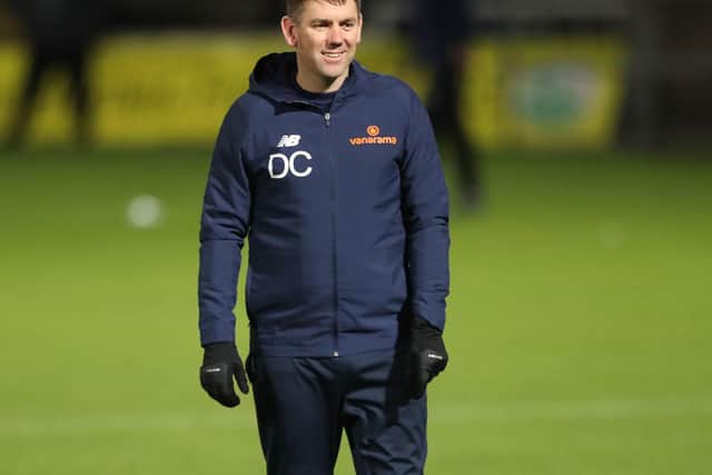 Hartlepool manager, Dave Challinor during the Vanarama National League match between Hartlepool United and Altrincham at Victoria Park, Hartlepool on Tuesday 27th October 2020. (Credit: Mark Fletcher | MI News)