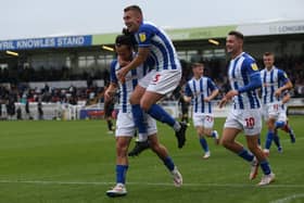 Jamie Sterry celebrating during the Sky Bet League 2 match between Hartlepool United and Northampton Town at Victoria Park, Hartlepool on Saturday 9th October 2021. (Credit: Mark Fletcher | MI News)