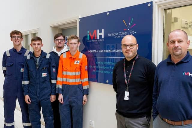 Left to right: Josh Bearby, Sam Bullock, Ben Hogg and Liam Burns with Chris King and Chris Mosley outside the lab. (Picture: Hartlepool College of Further Education)