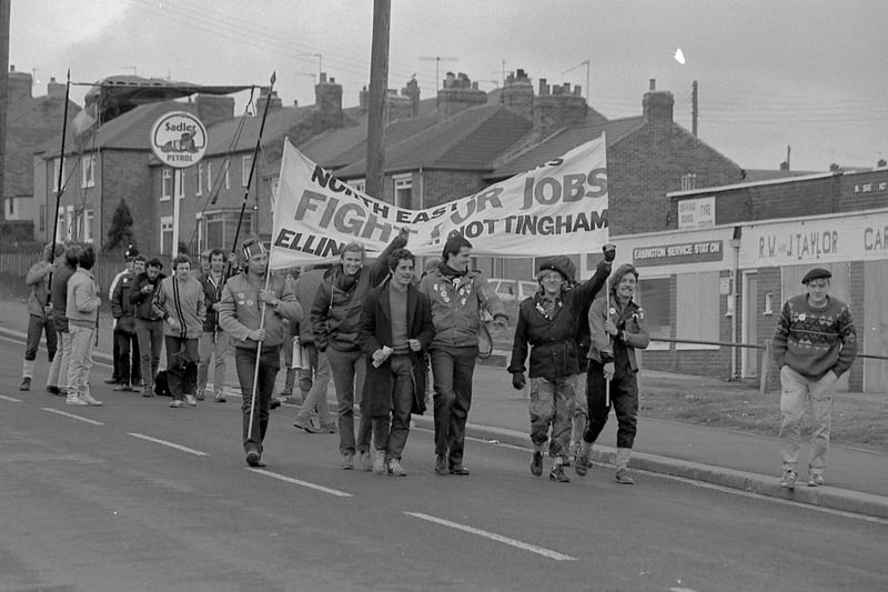 A march by protesters heads through Easington in May 1984.