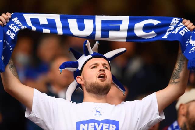 A fan of Hartlepool United looks on ahead of the Vanarama National League Play-Off Final match between Hartlepool United and Torquay United at Ashton Gate on June 20, 2021 in Bristol, England. (Photo by Harry Trump/Getty Images)