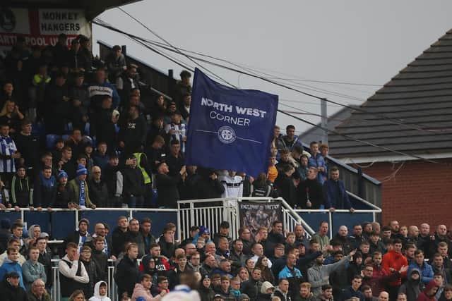 Hartlepool United's fans during the League Two match between Hartlepool United and Grimsby Town at the Suit Direct Stadium. (Credit: Mark Fletcher | MI News)