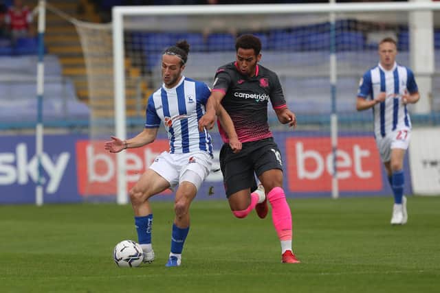 Hartlepool United's Jamie Sterry and Exeter City's Sam Nombe during the Sky Bet League 2 match between Hartlepool United and Exeter City at Victoria Park, Hartlepool on Saturday 25th September 2021. (Credit: Mark Fletcher | MI News)