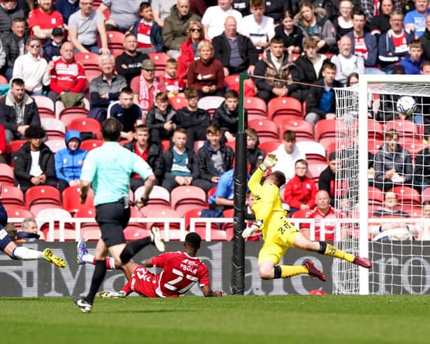 Huddersfield Town's Jordan Rhodes (left) scores their side's second goal of the game during the Sky Bet Championship match at the Riverside Stadium, Middlesbrough. PA picture.