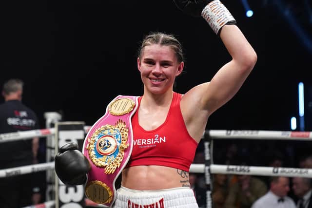 Hartlepool's Savannah Marshall celebrates retaining her WBO World Female Middle Title at the Utilita Arena, Newcastle on April 2. Picture: PA.