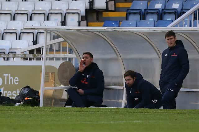 Hartlepool manager, Dave Challinor shouts instructions from the dugout during the Vanarama National League match between Hartlepool United and Boreham Wood at Victoria Park, Hartlepool on Saturday 5th December 2020. (Credit: Mark Fletcher | MI News)