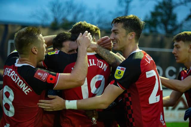 Hartlepool United twice took the lead against Solihull Moors in the FA Cup first round. (Credit: Gustavo Pantano | MI News)
