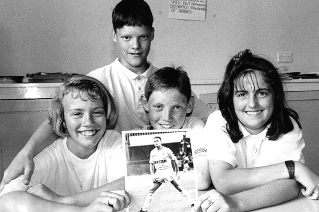 Pupils Alan Anderton, Kelly Billyard, Tony Hughes and Claire Beach meet soccer star, Paul Gasgoine, at a summer camp in 1991.