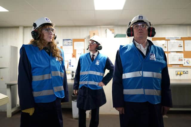 From left to right, Angela Rayner, Dr Paul Williams and Sir Keir Starmer at Liberty Steel. Picture: Ian Forsyth/PA Wire