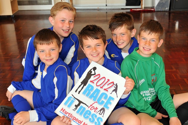 Throston Primary School footballers Bradley Hockburn, Sam Chapple,  Jay Jordan, Dylan Maynard and Karl Lennon back the Hartlepool Mail's 2012 Race for Fitness.