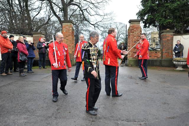 The Greatham Sword Dance is performed outside the gates to The Hospital of God. Picture by FRANK REID
