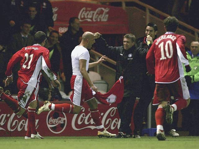 Massimo Maccarone celebrates the winning goal as Middlesbrough beat Basel in the 2006 UEFA Cup quarter final.