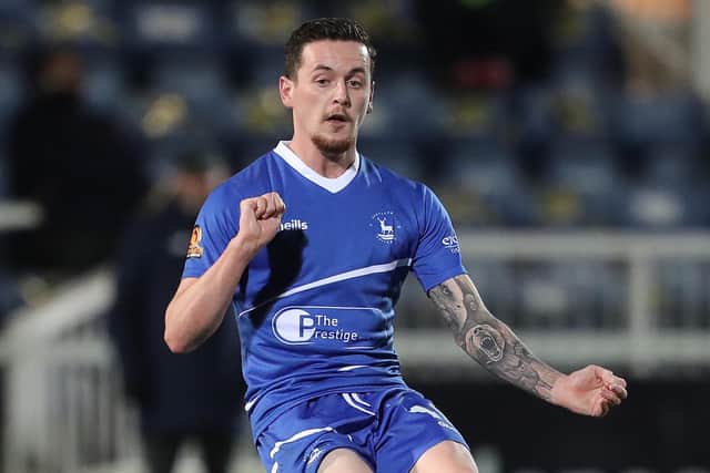 David Parkhouse of Hartlepool United in action during the Vanarama National League match between Hartlepool United and Torquay United at Victoria Park, Hartlepool on Saturday 31st October 2020. (Credit: Mark Fletcher | MI News)