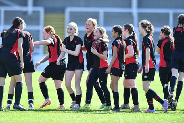 English Martyrs pupils celebrate in the Key Stage 3 girls' cup final against High Tunstall. Picture by FRANK REID