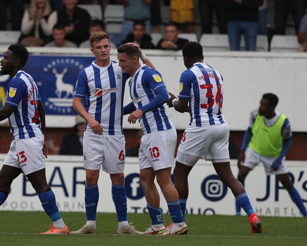 Hartlepool United's Luke Molyneux celebrates with his team mates after scoring their first goal during the Sky Bet League 2 match between Hartlepool United and Exeter City at Victoria Park, Hartlepool on Saturday 25th September 2021. (Credit: Mark Fletcher | MI News)